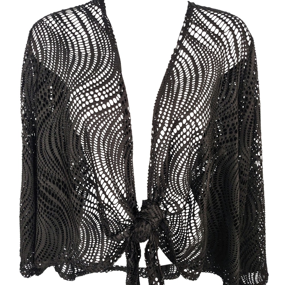 New Directions Woman 3X Black Open Knit Tie Front Cropped Cardigan Shrug Wavy